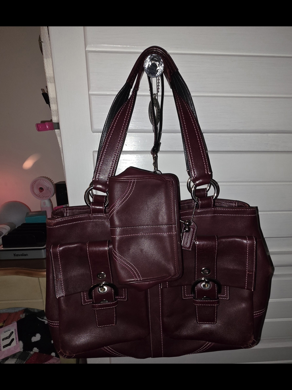 Coach Women's Burgundy Leather Tote Bag with Wristlet & Card Holder - Picture 2 of 16